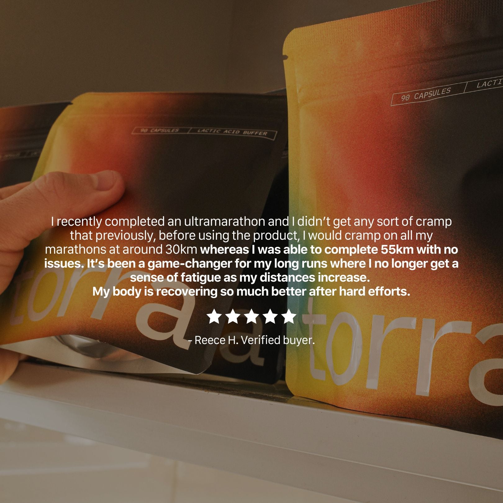 Torra lactic acid buffer customer review highlighting reduced cramps and improved endurance performance