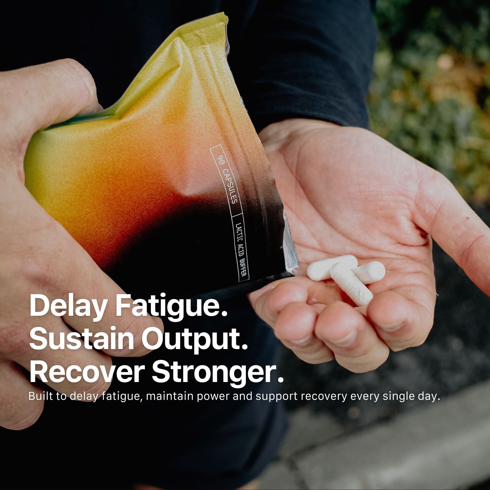 Athlete holding Torra lactic acid buffer capsules before training to delay fatigue and sustain power