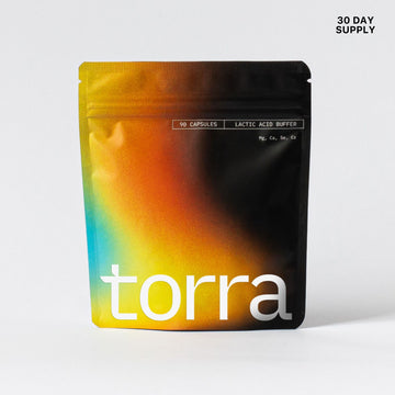 Torra lactic acid buffer supplement pouch front, 90 capsules, endurance and fatigue buffering formula